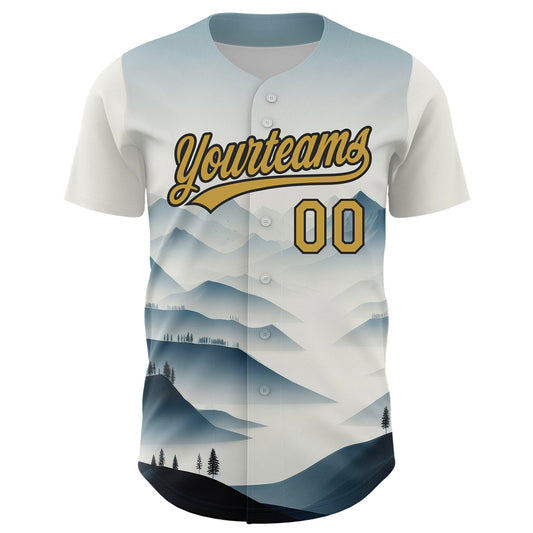 Custom White Old Gold-Black 3D Pattern Design Mountains Landscape Authentic Baseball Jersey - Sky-Custom