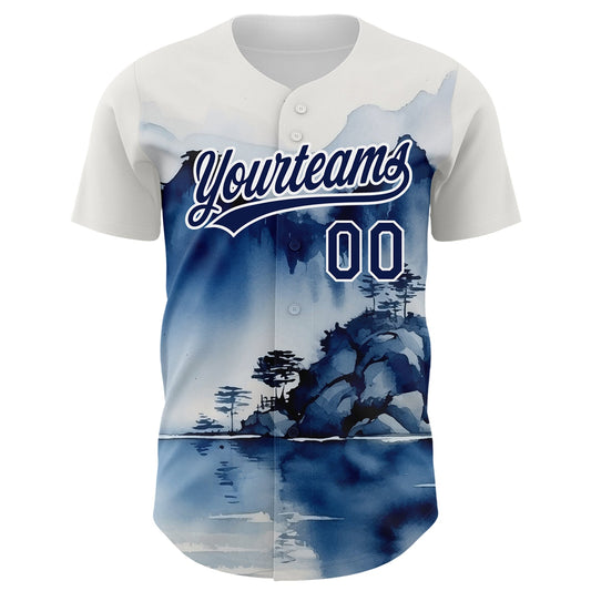 Custom White Navy 3D Pattern Design Abstract Watercolor Mountains Authentic Baseball Jersey - Sky-Custom