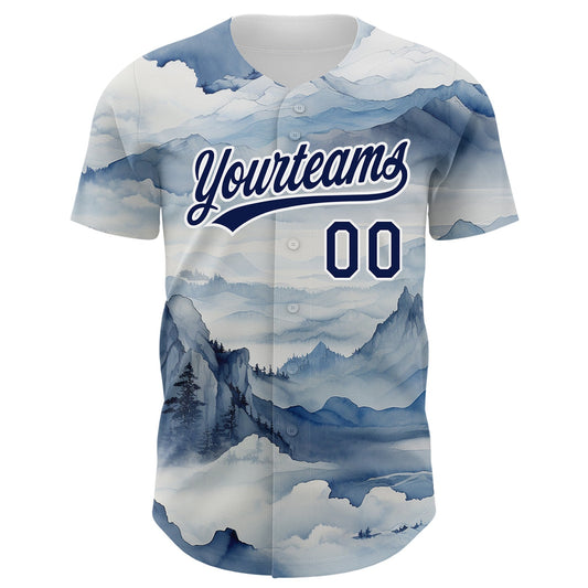 Custom White Navy 3D Pattern Design Mountains Landscape Authentic Baseball Jersey - Sky-Custom
