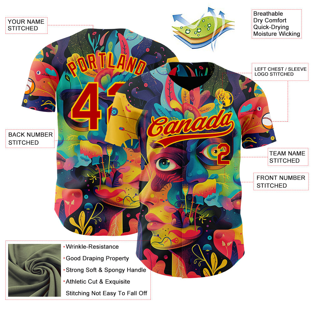 Custom Black Red-Yellow 3D Pattern Design Abstract Painting Authentic Baseball Jersey - Sky-Custom
