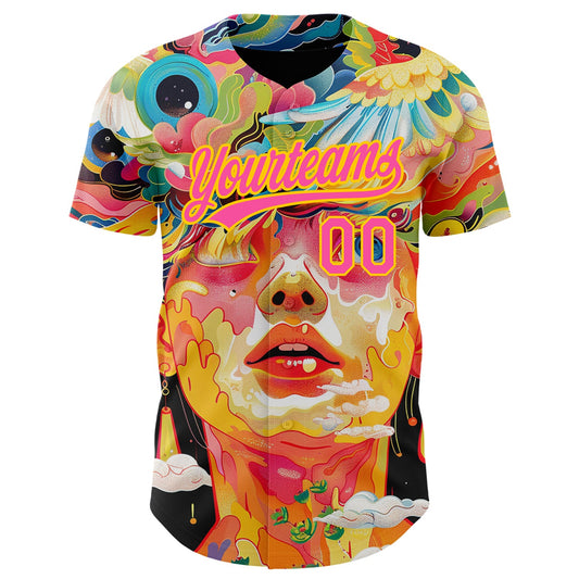 Custom Red Pink-Yellow 3D Pattern Design Abstract Painting Authentic Baseball Jersey - Sky-Custom