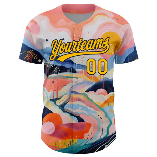Custom Medium Pink Gold-Black 3D Pattern Design Abstract Painting Authentic Baseball Jersey - Sky-Custom