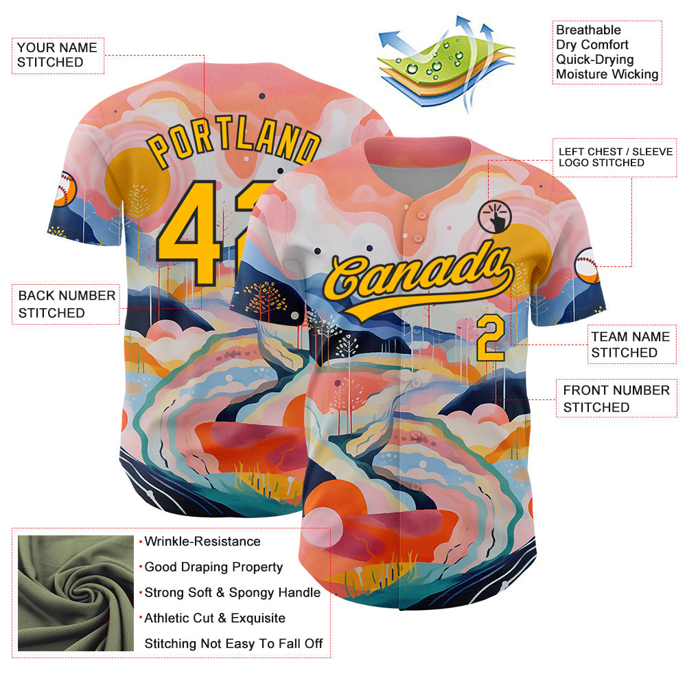 Custom Medium Pink Gold-Black 3D Pattern Design Abstract Painting Authentic Baseball Jersey - Sky-Custom