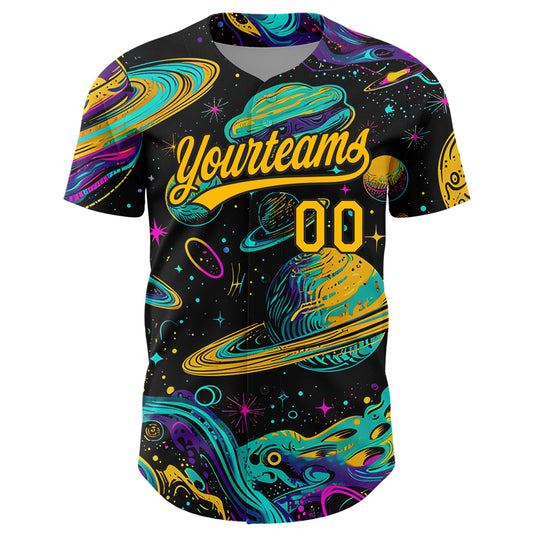 Custom Black Gold 3D Pattern Design Space With Planets And Stars Authentic Baseball Jersey - Sky-Custom