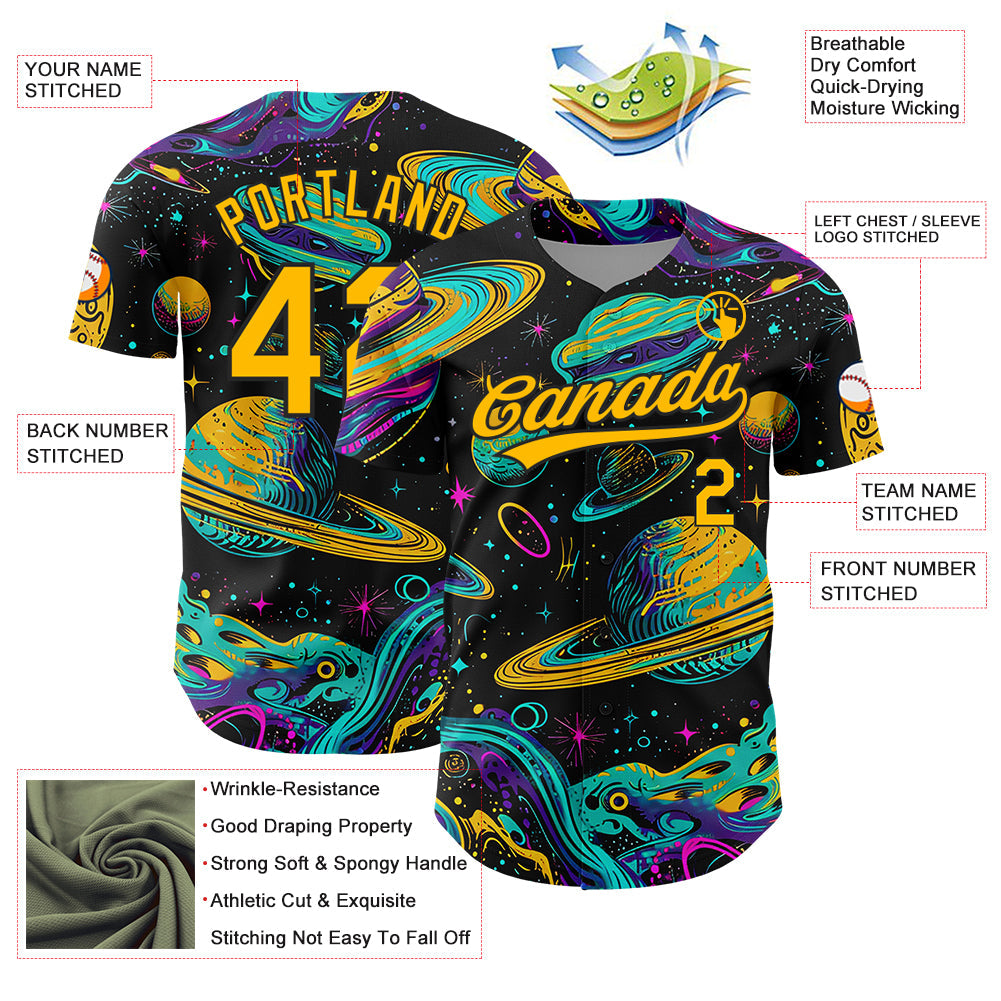 Custom Black Gold 3D Pattern Design Space With Planets And Stars Authentic Baseball Jersey - Sky-Custom