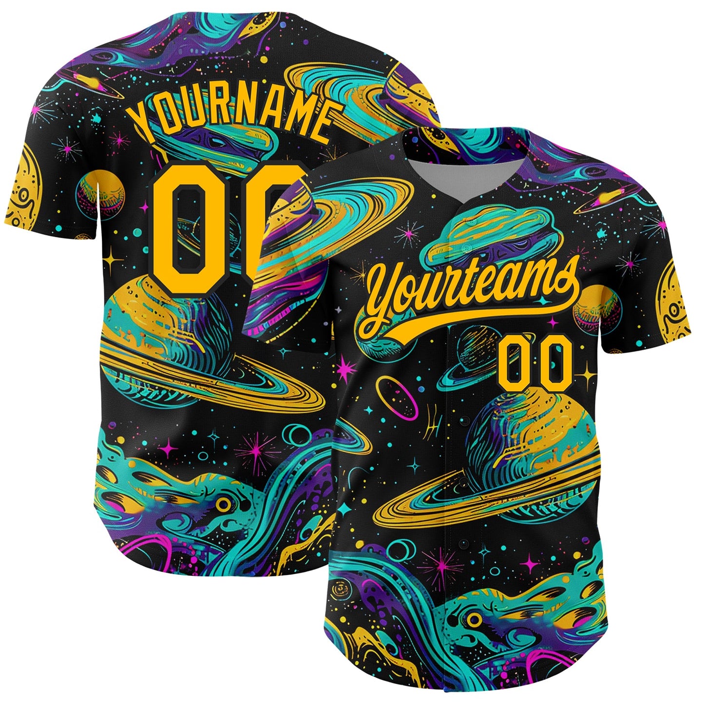 Custom Black Gold 3D Pattern Design Space With Planets And Stars Authentic Baseball Jersey - Sky-Custom