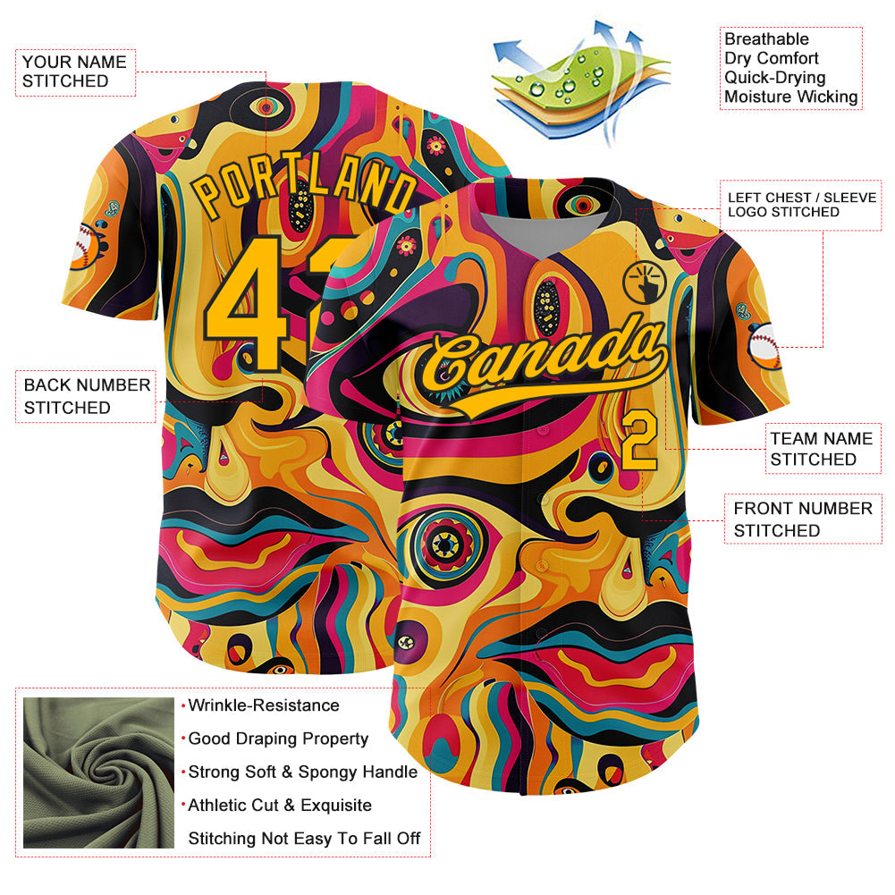 Custom Gold Black 3D Pattern Design Abstract Painting Authentic Baseball Jersey - Sky-Custom