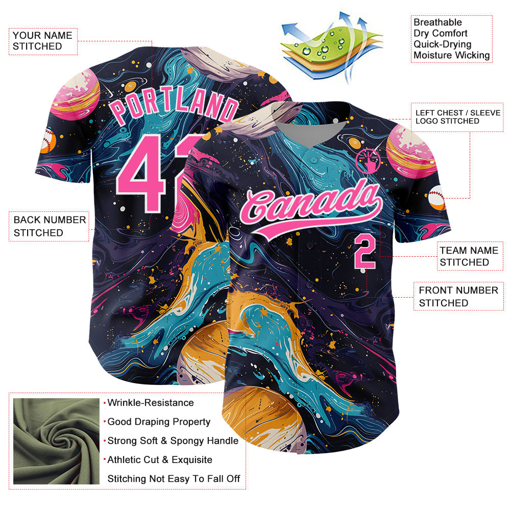 Custom Black Pink-White 3D Pattern Design Abstract Liquid Painting Authentic Baseball Jersey - Sky-Custom