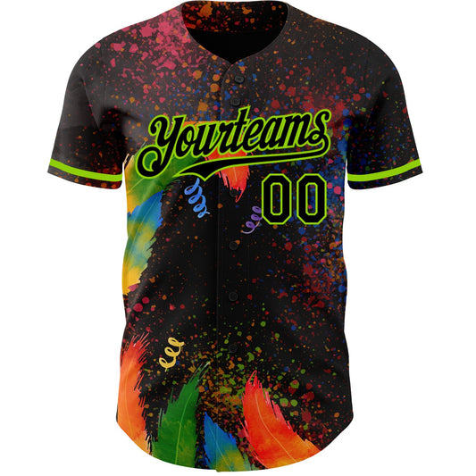 Custom Black Neon Green 3D Pattern Design Holi Festival Color Powder Authentic Baseball Jersey - Sky-Custom