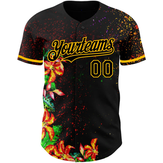 Custom Black Gold 3D Pattern Design Holi Festival Color Powder Authentic Baseball Jersey - Sky-Custom