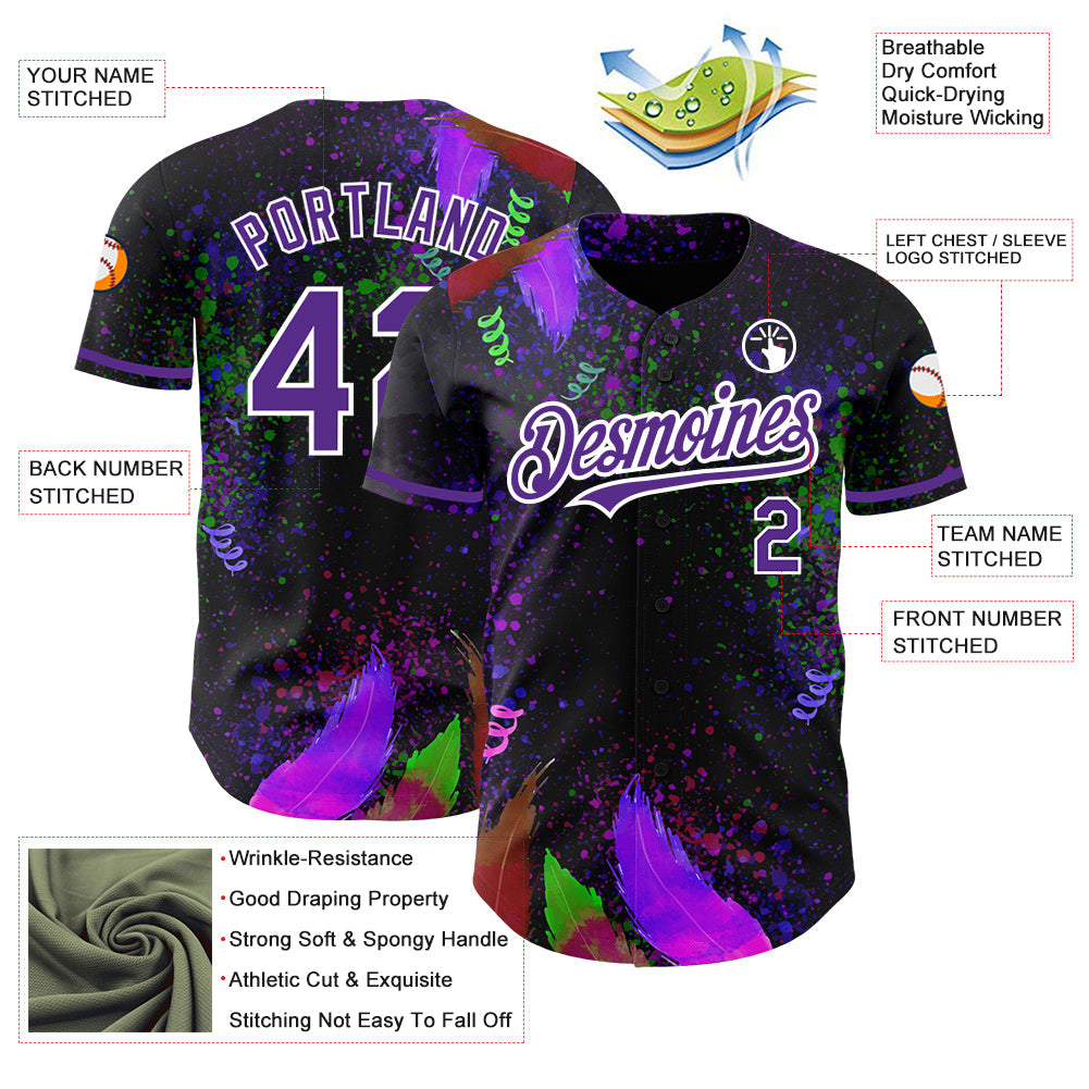 Custom Black Purple-White 3D Pattern Design Holi Festival Color Powder Authentic Baseball Jersey - Sky-Custom