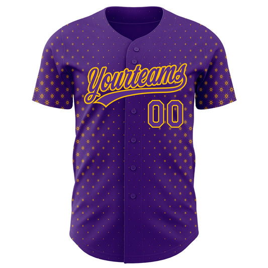 Custom Purple Gold 3D Pattern Design Geometric Stars Authentic Baseball Jersey - Sky-Custom