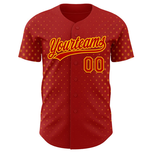 Custom Red Gold 3D Pattern Design Geometric Stars Authentic Baseball Jersey - Sky-Custom