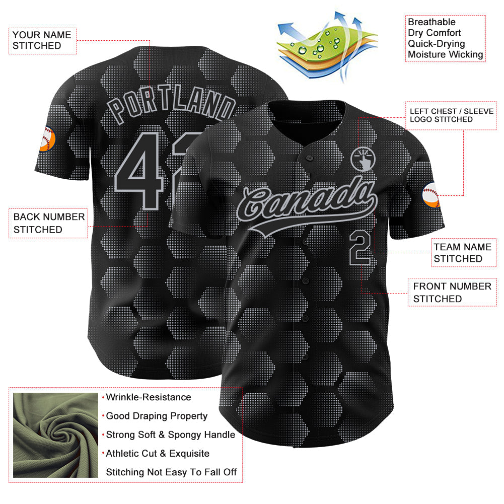 Custom Black Gray 3D Pattern Design Halftone Geometric Shapes Authentic Baseball Jersey - Sky-Custom