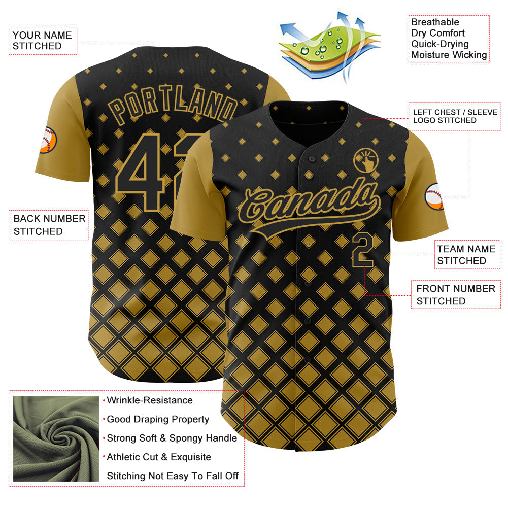 Custom Black Old Gold 3D Pattern Design Geometric Shapes Authentic Baseball Jersey - Sky-Custom