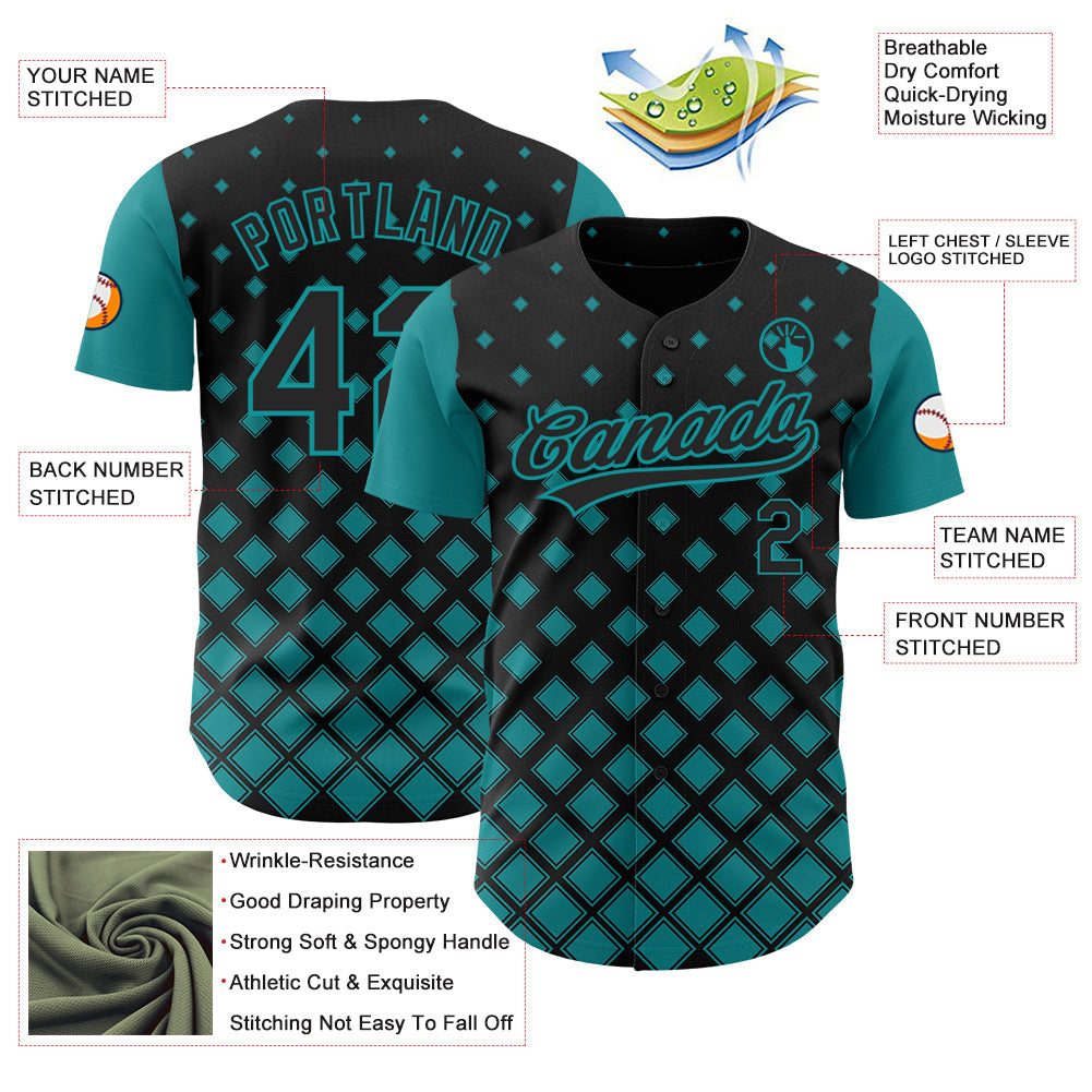 Custom Black Teal 3D Pattern Design Geometric Shapes Authentic Baseball Jersey - Sky-Custom