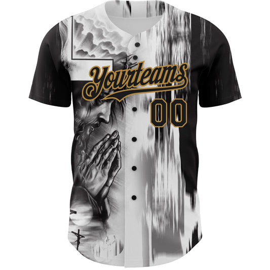 Custom White Black-Old Gold 3D Pattern Design Religion Jesus Christ Authentic Baseball Jersey - Sky-Custom