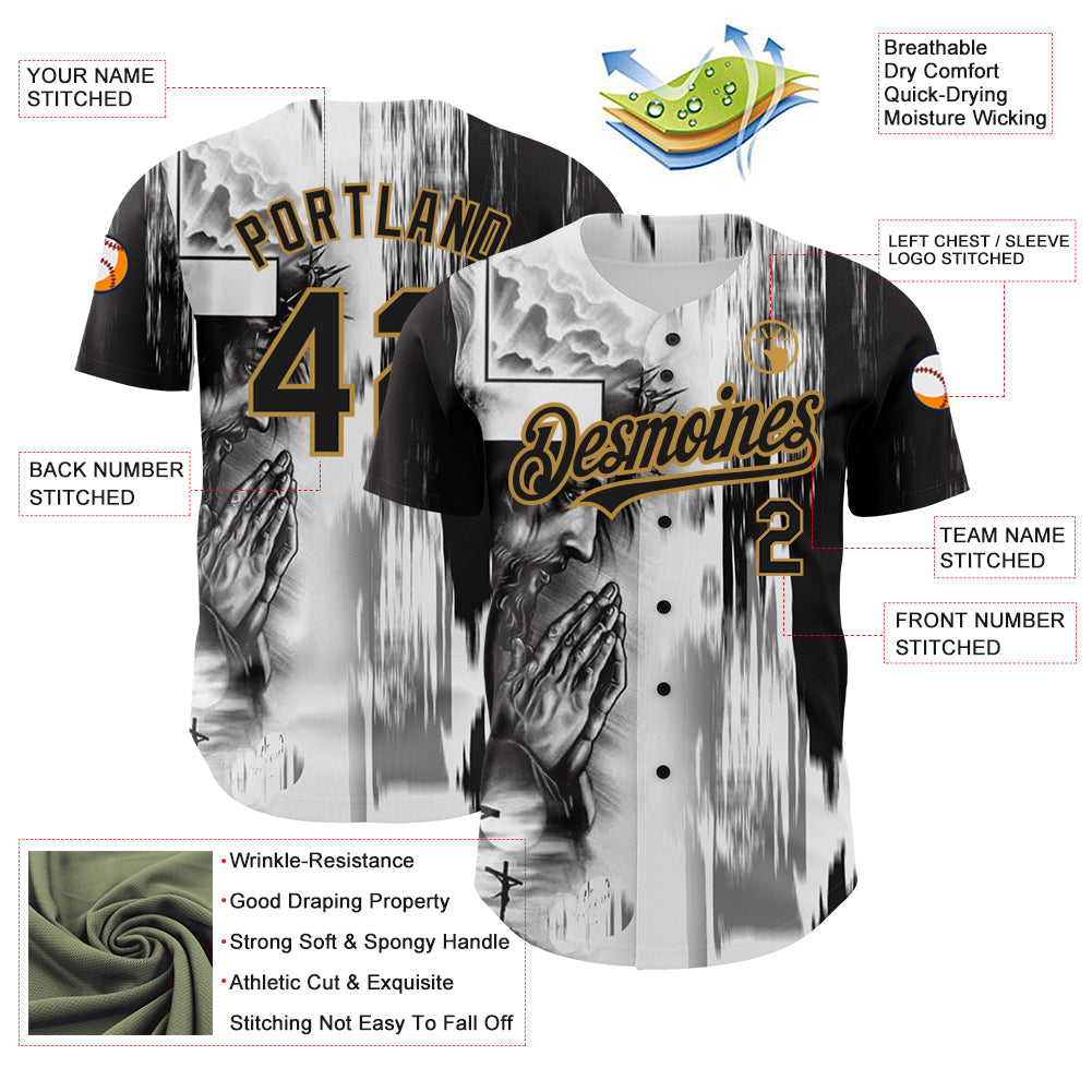 Custom White Black-Old Gold 3D Pattern Design Religion Jesus Christ Authentic Baseball Jersey - Sky-Custom