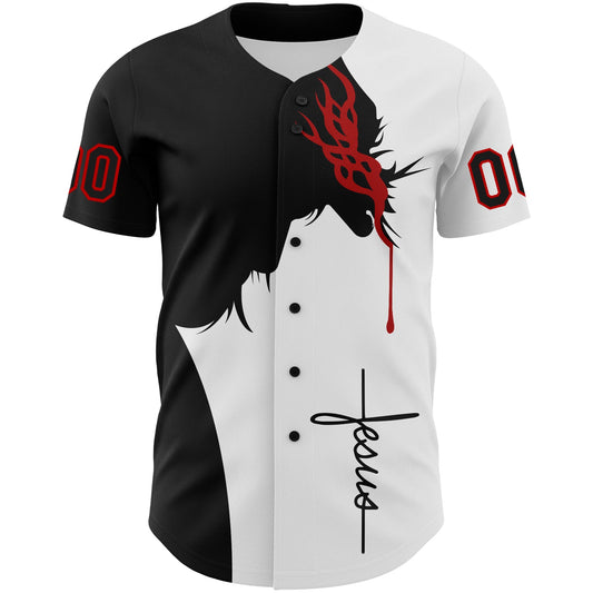Custom White Black-Red 3D Pattern Design Religion Jesus Christ Authentic Baseball Jersey - Sky-Custom