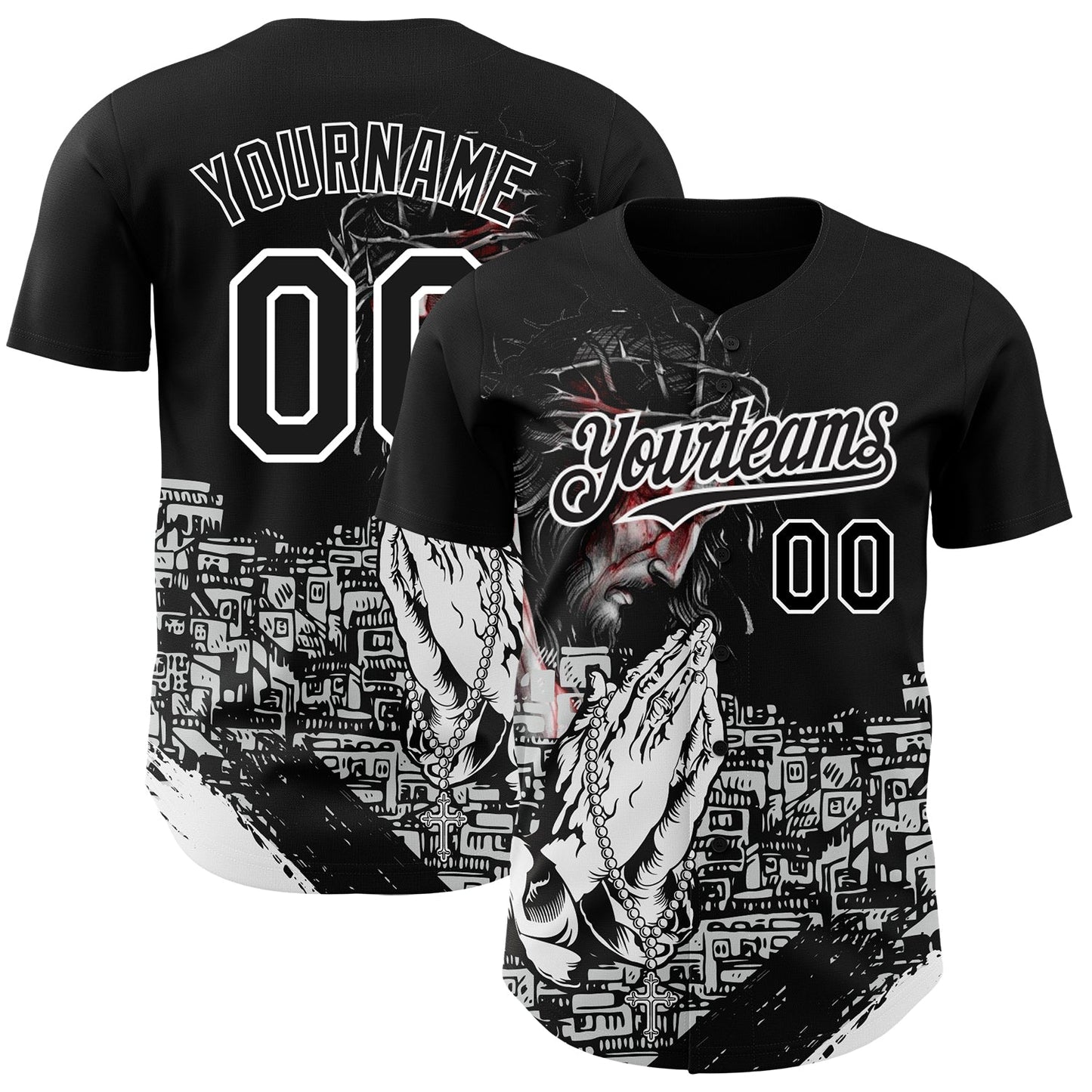 Custom Black White 3D Pattern Design Religion Jesus Christ Authentic Baseball Jersey - Sky-Custom