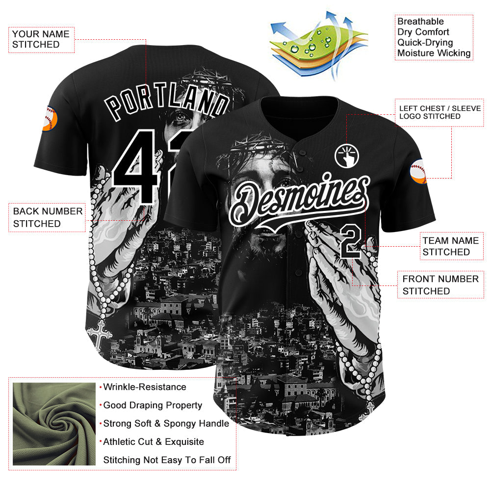 Custom Black White 3D Pattern Design Religion Jesus Christ Authentic Baseball Jersey - Sky-Custom