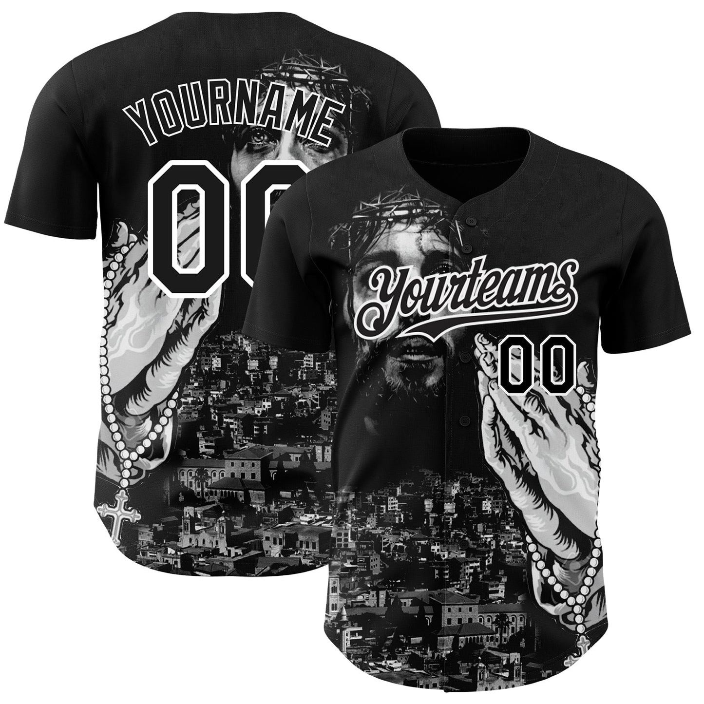 Custom Black White 3D Pattern Design Religion Jesus Christ Authentic Baseball Jersey - Sky-Custom
