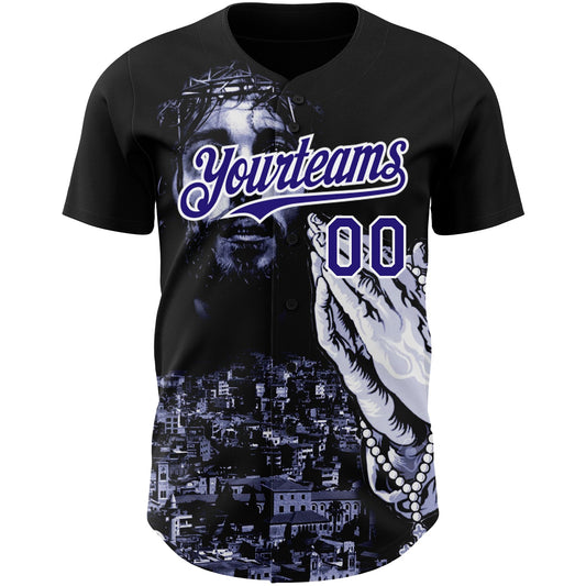Custom Black Purple-White 3D Pattern Design Religion Jesus Christ Authentic Baseball Jersey - Sky-Custom