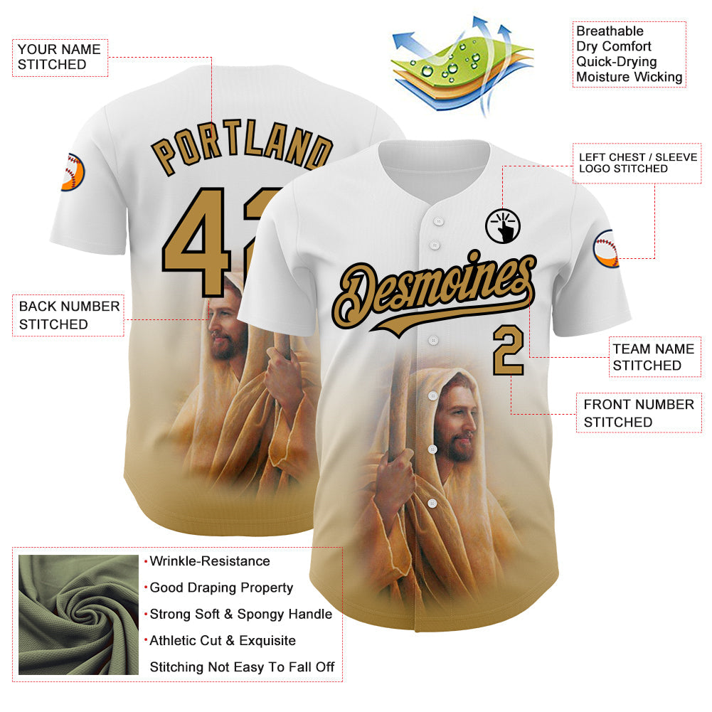 Custom White Old Gold-Black 3D Pattern Design Religion Jesus Christ Authentic Baseball Jersey - Sky-Custom