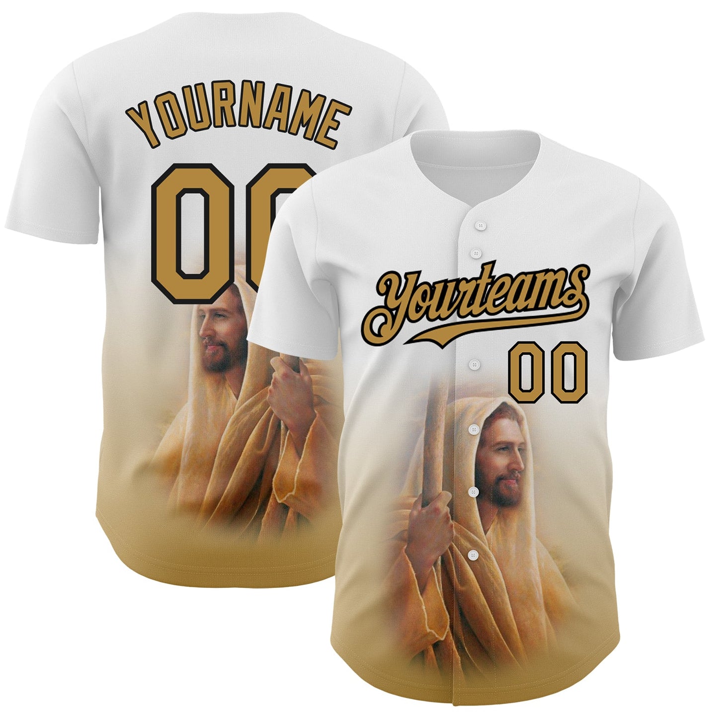 Custom White Old Gold-Black 3D Pattern Design Religion Jesus Christ Authentic Baseball Jersey - Sky-Custom