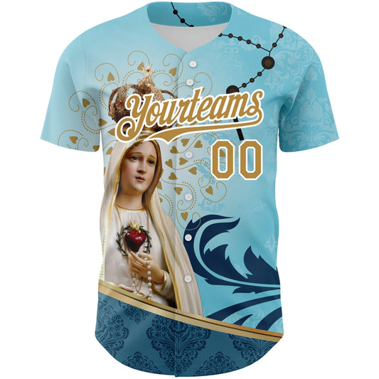 Custom Teal Old Gold-White 3D Pattern Design Religion Virgin Mary Authentic Baseball Jersey - Sky-Custom