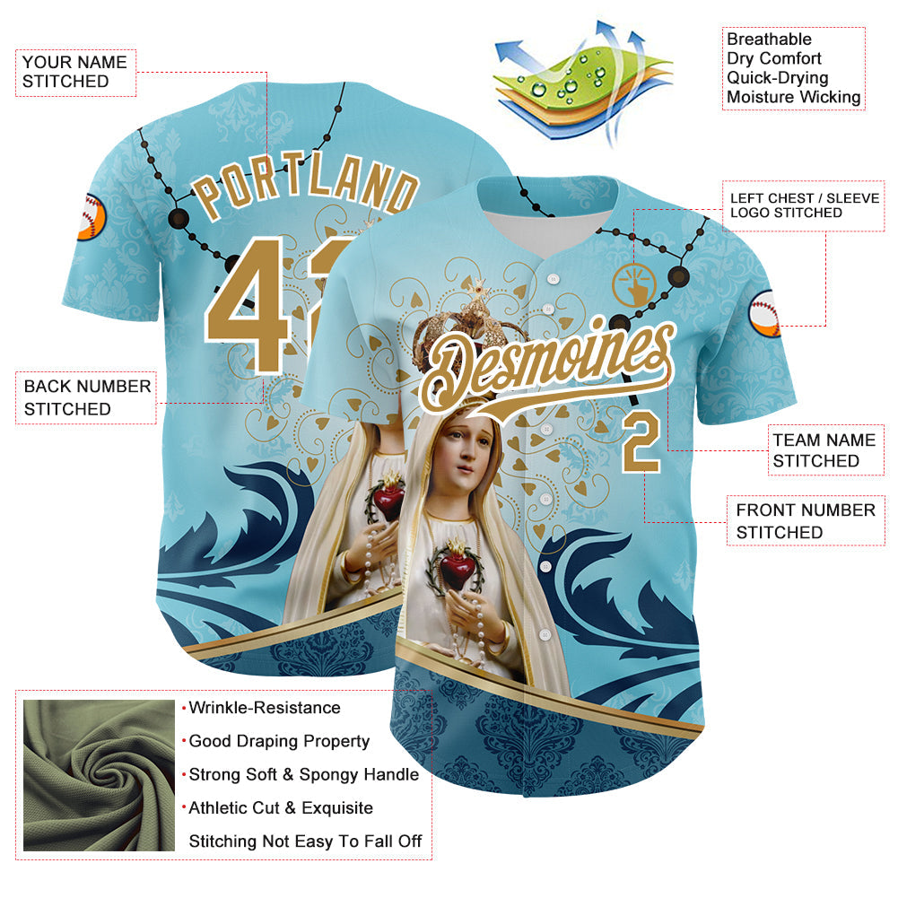 Custom Teal Old Gold-White 3D Pattern Design Religion Virgin Mary Authentic Baseball Jersey - Sky-Custom