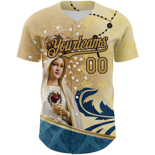 Custom Old Gold Black 3D Pattern Design Religion Virgin Mary Authentic Baseball Jersey - Sky-Custom