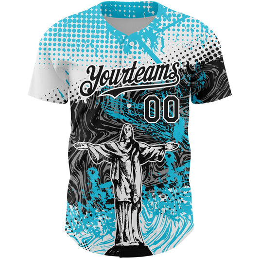 Custom Light Blue Black-White 3D Pattern Design Religion Jesus Christ Authentic Baseball Jersey - Sky-Custom