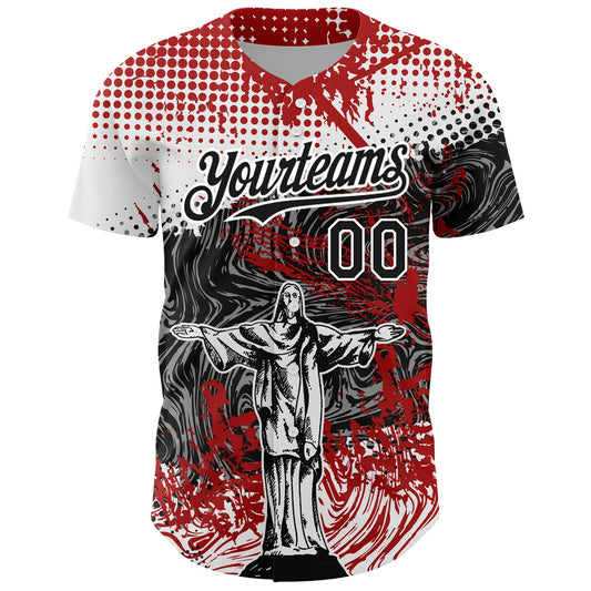 Custom Red Black-White 3D Pattern Design Religion Jesus Christ Authentic Baseball Jersey - Sky-Custom