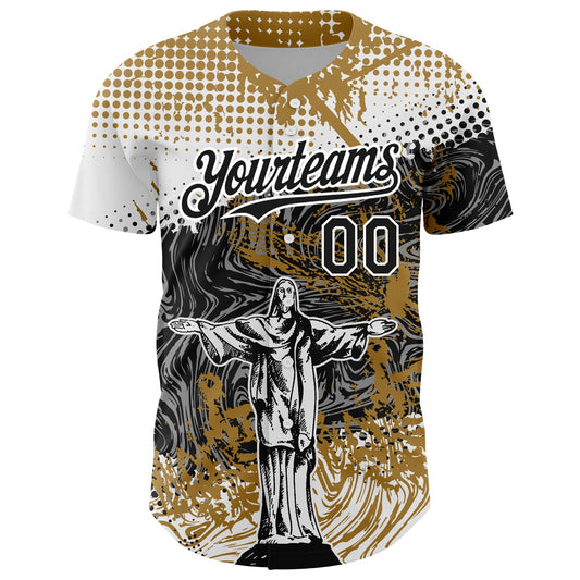 Custom Old Gold Black 3D Pattern Design Religion Jesus Christ Authentic Baseball Jersey - Sky-Custom
