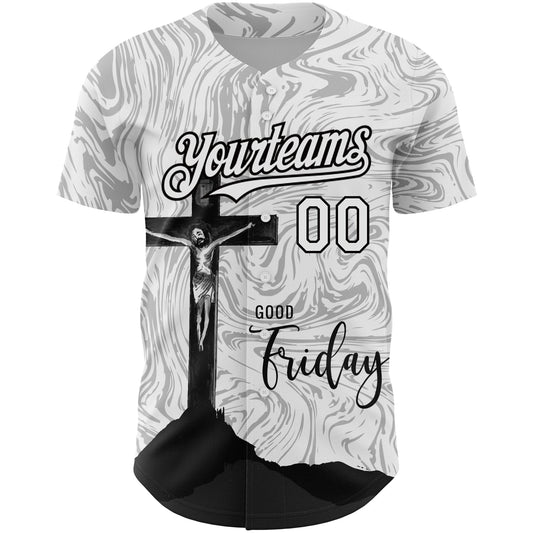 Custom White Black 3D Pattern Design Religion Cross Jesus Christ Good Friday Authentic Baseball Jersey - Sky-Custom