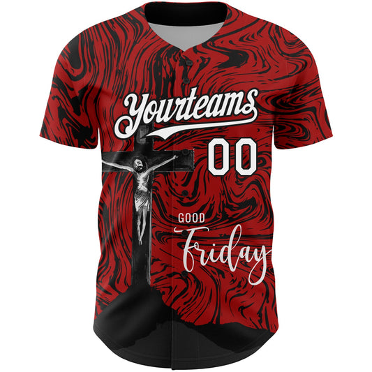 Custom Red White-Black 3D Pattern Design Religion Cross Jesus Christ Good Friday Authentic Baseball Jersey - Sky-Custom