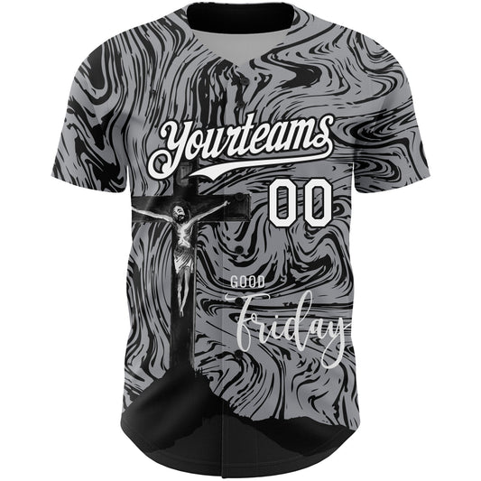 Custom Gray White-Black 3D Pattern Design Religion Cross Jesus Christ Good Friday Authentic Baseball Jersey - Sky-Custom