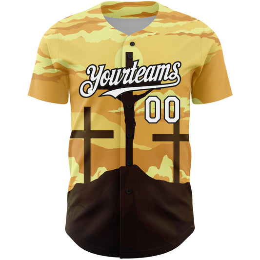 Custom Yellow White-Black 3D Pattern Design Religion Cross Jesus Christ Good Friday Authentic Baseball Jersey - Sky-Custom