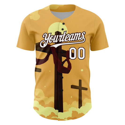 Custom Yellow White-Brown 3D Pattern Design Religion Cross Jesus Christ Good Friday Authentic Baseball Jersey - Sky-Custom