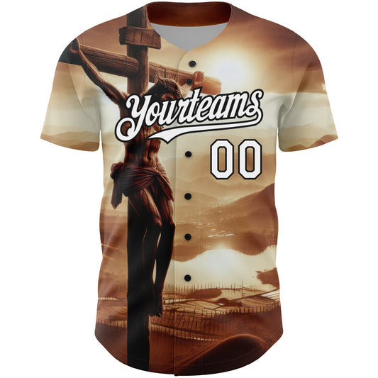 Custom Brown White-Black 3D Pattern Design Religion Cross Jesus Christ Good Friday Authentic Baseball Jersey - Sky-Custom