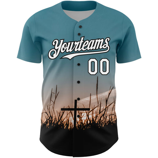 Custom Teal White-Black 3D Pattern Design Religion Cross Jesus Christ Good Friday Authentic Baseball Jersey - Sky-Custom