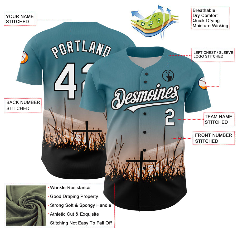 Custom Teal White-Black 3D Pattern Design Religion Cross Jesus Christ Good Friday Authentic Baseball Jersey - Sky-Custom