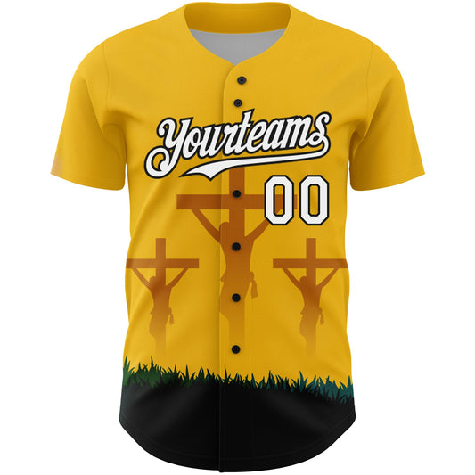 Custom Yellow White-Black 3D Pattern Design Religion Cross Jesus Christ Good Friday Authentic Baseball Jersey - Sky-Custom