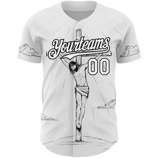 Custom White Black 3D Pattern Design Religion Cross Jesus Christ Good Friday Authentic Baseball Jersey - Sky-Custom