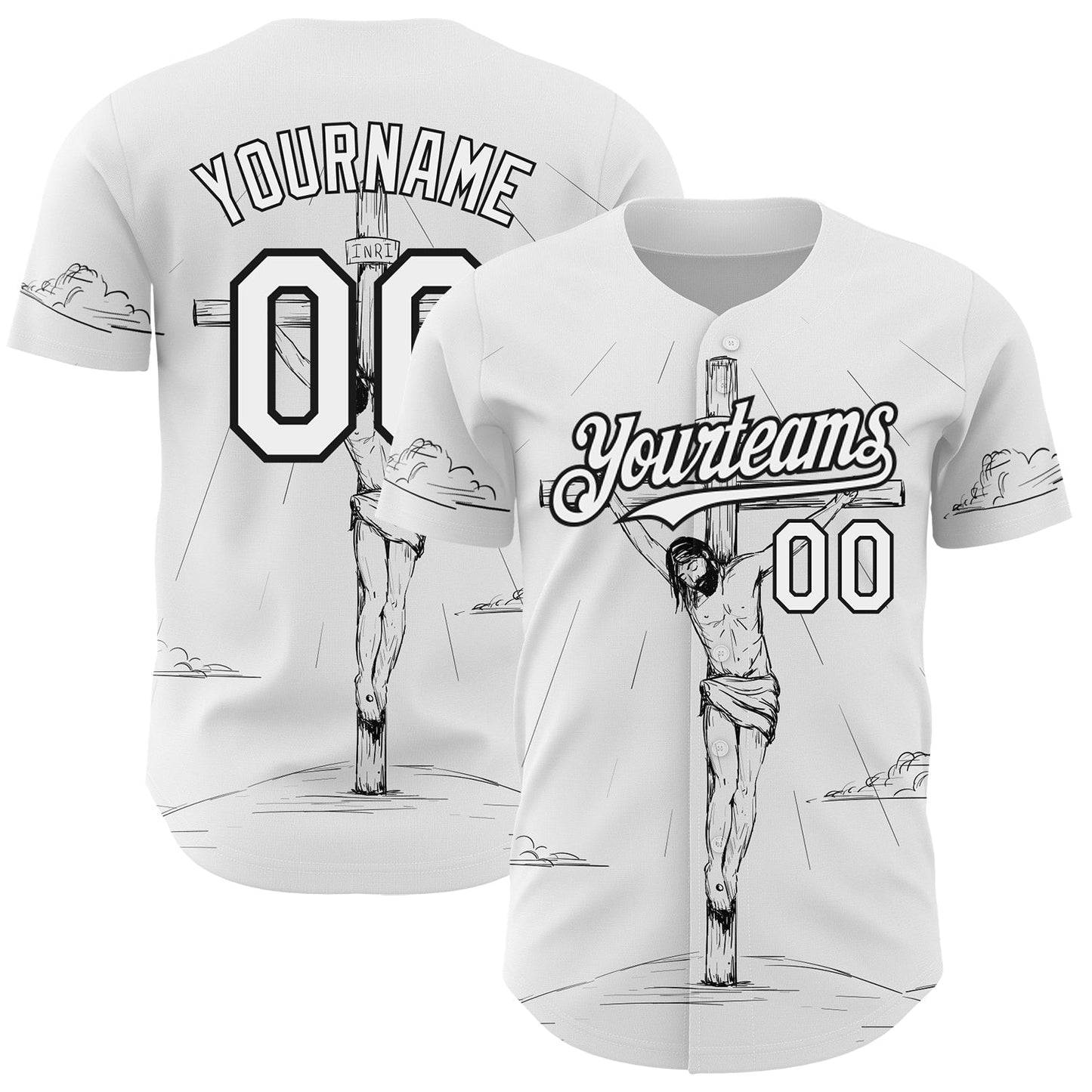 Custom White Black 3D Pattern Design Religion Cross Jesus Christ Good Friday Authentic Baseball Jersey - Sky-Custom