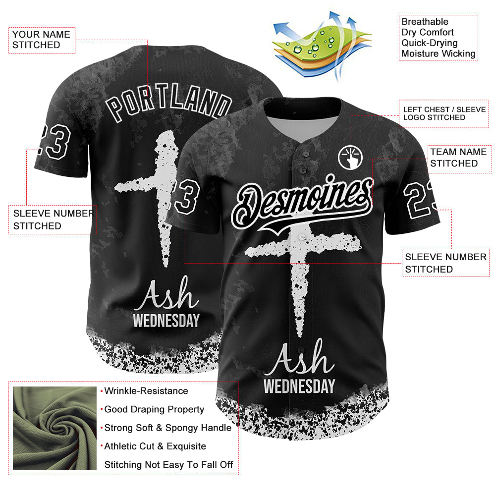 Custom Black White-Gray 3D Pattern Design Religion Cross Jesus Christ Ash Wednesday Authentic Baseball Jersey - Sky-Custom