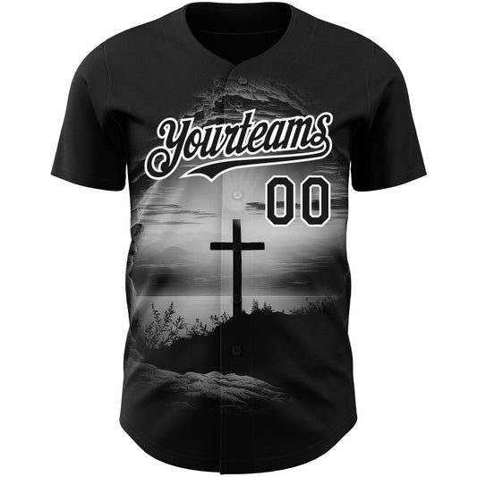 Custom Black White 3D Pattern Design Religion Cross Jesus Christ Ash Wednesday Authentic Baseball Jersey - Sky-Custom