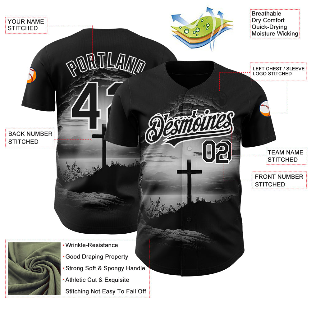 Custom Black White 3D Pattern Design Religion Cross Jesus Christ Ash Wednesday Authentic Baseball Jersey - Sky-Custom