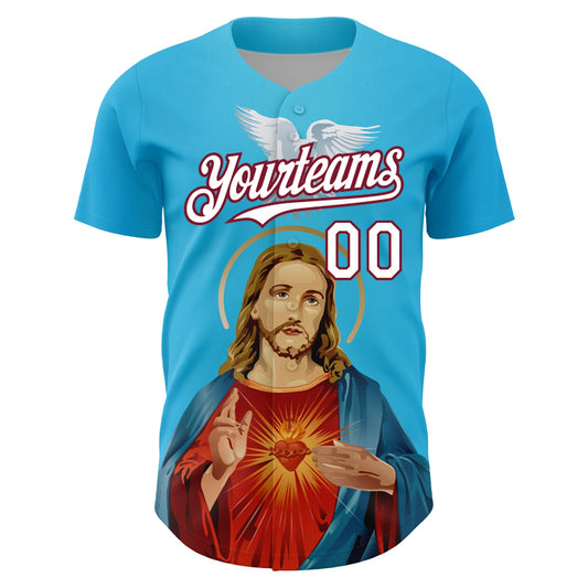 Custom Sky Blue White-Maroon 3D Pattern Design Religion Jesus Christ And Virgin Mary Authentic Baseball Jersey - Sky-Custom